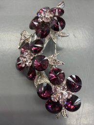 Faship Brand Rhinestone Crystal Floral Brooch Featuing Purple Crystals And Clear Rhinestones Set In Silver-ton
