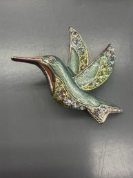 Vintage Liz Claiborne Hummingbird Brooch Featuring Teal Green Enamel And Clear Rhinestones