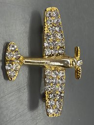 Gold-tone Airplace Brooch Adorned With Clear Rhinestones