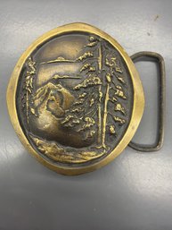 Vintage Collectible Indiana Metal Craft Solid Brass Belt Buckle Featuring Mountain, Trees And Nature Scene