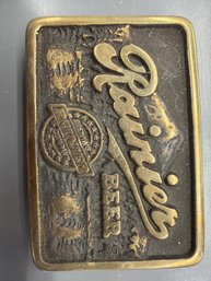 Vintage Solid Brass Belt Buckle Featuring The Rainier Beer Logo Manufactured By Anacortes Brass Works