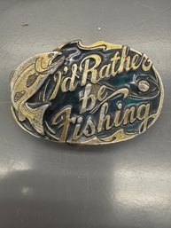 Vintage 1985 'i'd Rather Be Fishing' Belt Buckle By Great American Buckle Company Featuring A Leaping Fish