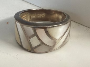 Sterling Silver Ring Featuring Mother Pearl Mosaic Inlay In A Southwestern Style