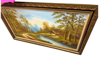 Framed Landscape Oil Decor Painting Featuring Americana Scenes Of Rustic Cabins By Rivers Or Lakes