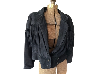 Avon Vintage Black Suede Leather Jacket With Fringe Detailing