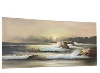 Vintage Oil Painting On Canvas Depicting A Seascape With Crashing Waves And Rocks