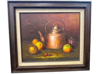 Framed Still Life Oil Painting Titled 'Still Life With Pitcher Kettle And Fruit' By Artist Dirk Foslien