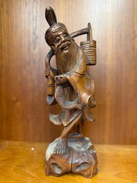 Vintage Chinese Wood Carving Of A Fisherman
