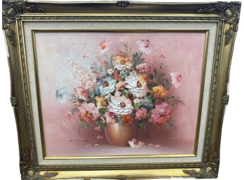 Vintage Oil Painting On Canvas By The Artist K. Stone Featuring A Floral Still Life Arrangement In A Gold Fram