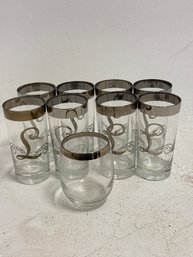 Mid-Century Modern Dorothy Thorpe Style Highball Glasses Featuring A Wide Silver Rim And A Monogrammed Letter