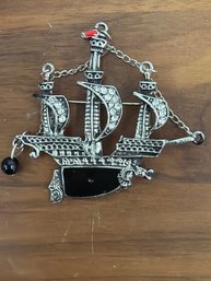 Vintage Silver-tone Sailing Ship Galleon Brooch Featuring Black Enamel And Rhinestones