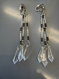 Vintage Style Dangle Chandelier Earrings Featuring Clear And Black Acrylic Beads And Tear Drop Shaped Pendants