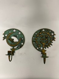 These Are Vintage 1994 PartyLite Celestial Sun And Moon Wall Candle Holder Sconces Made Of Patinated Brass