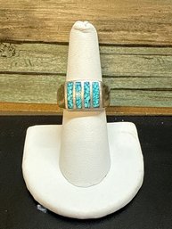 Vintage Mexican Sterling Silver Ring Featuring A Crushed Turquoise Inlay Design.