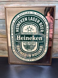 Vintage Heineken Lager Beer Advertising Mirror, Typically Used For Decorative Purposes In Bars Or Home Spaces.