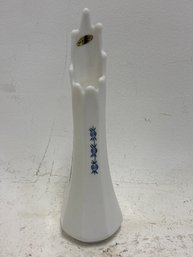 Vintage L.E. Smith Milk Glass Swung Vase Featuring The 'Blue Onion' Pattern And An 8-finger Top Design.