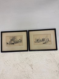 Set Of Two Vintage Framed Monochrome Pen And Ink Drawings Or Etchings