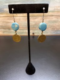 Unique Gold Coin And Blue Stone Earrings