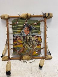 Collectible Mixed-media Piece Featuring A Native American-inspired Portrait Painted On What Appears To Be Leat