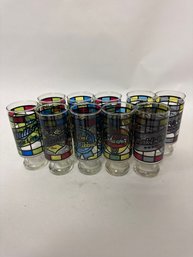 Vintage Anchor Hocking 1970s 'Party Pack' Beer Beverage Tumblers Featuring Colorful Stained Glass Style Patter