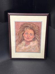 Framed Portrait Painting Featuring A Person With Voluminous Hair And Blue Eyes, Styled In Clothing With A Ligh