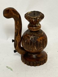 Vintage, Hand-carved Wooden Candlestick Holder Designed With A Unique Rustic Style.