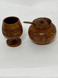 Vintage Hand-carved Wood Tiki Bowl Or Lidded Condiment Dish, Often Featuring Polynesian Or Hawaiian Themes.