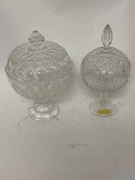 Vintage Collectible Glass Items, Likely Pressed Glass Pedestal Candy Dishes Or Compotes With Decorative Lids.