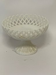 Vintage Challinor Taylor & Co. White Milk Glass Pedestal Fruit Bowl, Featuring An Open Lattice (trellis) Edge