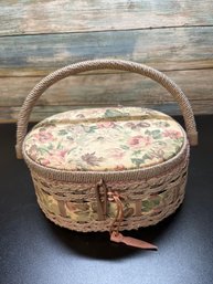 Vintage Wicker Sewing Basket With A Floral Fabric