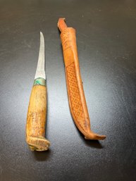 Vintage Rapala Fish 'n Fillet Knife With Its Original Tan Leather Sheath, Manufactured By Marttiini In Finland