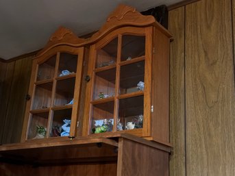 Pair Of Vintage Light Brown Oak Curio Cabinets Featuring Glass Doors And Decorative Arched Tops