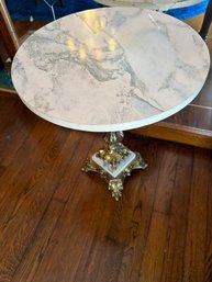 Vintage Italian Style Round Accent Table Featuring A Marble Top Amd Am Ornate Brass Base