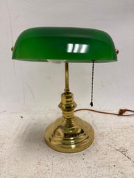 Classic Banker's Desk Lamp Featuring A Green Glass Shade And A Polished Brass Base.