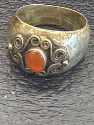 Vintage Afghan Style Fing Featuring A Central Carnelian/agate Stone With Ornate Scrollwork Details