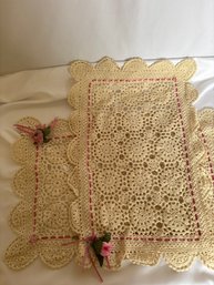 Set Of 2 Off White Doilies With Pink Ribbon And  Roses (F1)