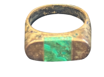 Antique Sterling Silver Signet Ring Features Prominent Inlaid Green Malachite Stone Housed In A Wide