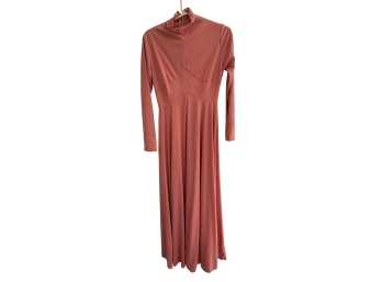 Vintage Peach Coral Long Sleeve Maxi Dress Featuring A Distinct Ruched Bodice And A High Mock Neck