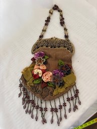 Vintage Handmade Brass Metal Top, Satin Ribbon Flowered, Fringe Bead Handbag