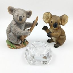 Vintage Koala Figurine Trio - Nybro Sweden Crystal Art Glass Paperweight & Hand-Painted Ceramic Sculptures