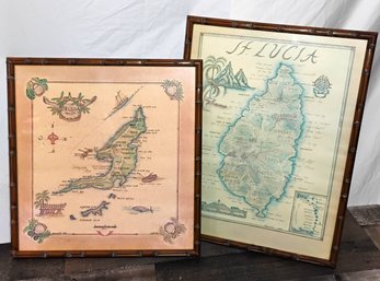 Vintage 1979 Bequia Map St. Vincent & 1978 St. Lucia Map, 17' X 18' In Wooden Bamboo Frame