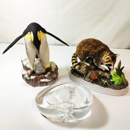 Vintage Wildlife Figurine Trio - Crystal Art Glass Bear Paperweight & Hand-Painted Porcelain Penguin & Raccoon