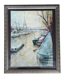 LUCIEN DELARUE 'la Tour Eiffel Et La Seine' Vintage Paris Scene Framed Lithograph