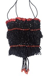 Antique Red & Black Beaded Flapper Style Drawstring Evening Handbag