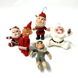 Vintage Christmas Ornaments Flocked Santas And Older Elf On A Shelf Ornaments