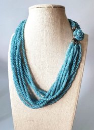 Circa 1950s Japanese Blue Seed Bead Rosette Collar Necklace