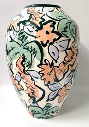 California Studio Pottery Vase Stylized Palm Trees Artesian Crafted Signed