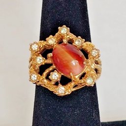Women's Chunky Brutalist Cocktail Ring 14K H.G.B. Cats Eye Zirconia Stones 7.5