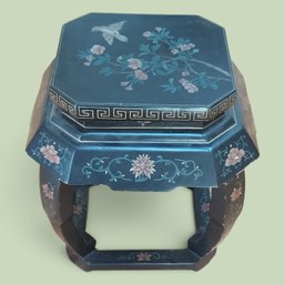 Vintage Chinese Chinoiserie Octagon Hand Painted Black Lacquer Garden Stool Or Side Table