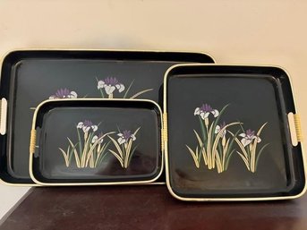 Vintage Set Of 3 Asahi Japan Lacquer Trays With Floral Design